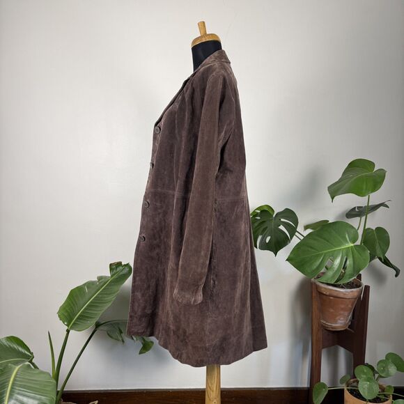 Vintage 90s 00s Brown Suede Leather Long Coat, Women's XL Jacket - Picture 2 of 14